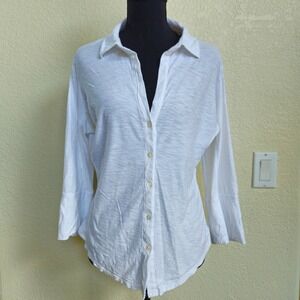 James Perse White Slub Knit Button Down L Ribbed Side Panel Jennifer Aniston EUC